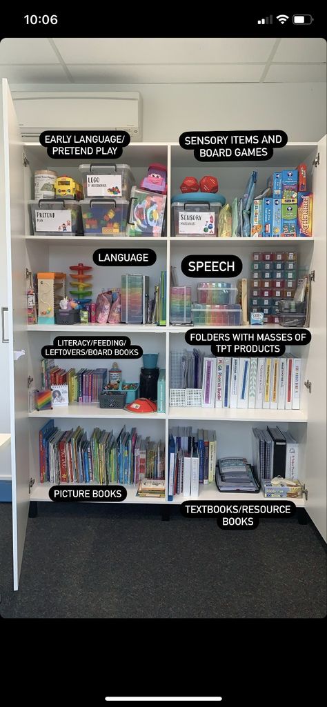 Aba Therapy Storage, Speech Therapist Classroom, Pediatric Speech Therapy Office, Speech Therapy Clinic Decor, Aba Organization Ideas, Speech Therapy Office Organization, Speech Therapy Classroom Setup, Speech Therapy Clinic Interior Design, Aba Clinic Ideas