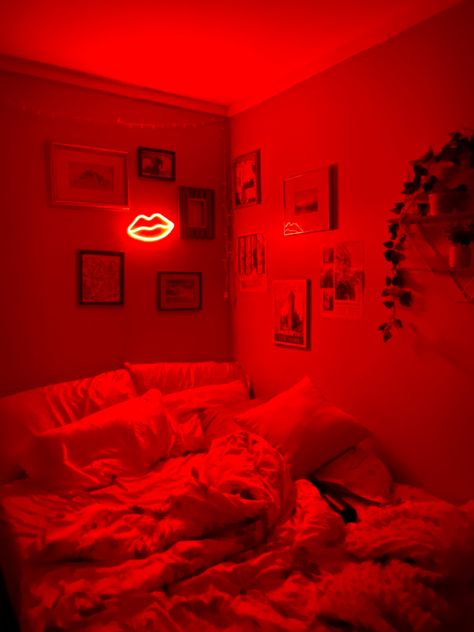 White And Red Room Ideas, Red Room Bedroom, Red And Black Bedroom Aesthetic, Red Rooms Bedroom, Red Light Room, Bedroom With Red Led Lights, Red Light Aesthetic Room, Red Room Ideas Bedrooms, Red Led Bedroom