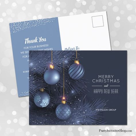 Christmas Blue Ornaments Business Thank You Postcards Company Christmas Cards, Blue Ornaments, Business Postcards, Blue Christmas Ornaments, Create Business Cards, Business Christmas, Blue Christmas Tree, Christmas Blue, Thank You Postcards