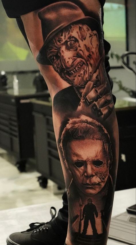 Scary Movies Tattoo Ideas, Halloween Realism Tattoo, Horror Leg Sleeve Tattoo Men, Horror Sleeve Tattoos For Guys, Halloween Tattoos Sleeve Horror Movies, Halloween Arm Sleeve Tattoo, Scary Leg Sleeve Tattoo, Horror Movie Tattoos Leg Sleeve, Scary Movie Tattoos Sleeve