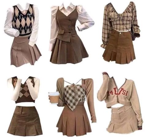 Pretty Outfits Brown, Korean Theme Outfit, Cute Outfits Academia, Brown Aesthetic Dress Outfit, Preppy Outfits Dark Academia, Korean Dark Academia Aesthetic, Y2k Brown Skirt Outfit, Brown Inspo Outfits, Pink Y2k Outfits Aesthetic