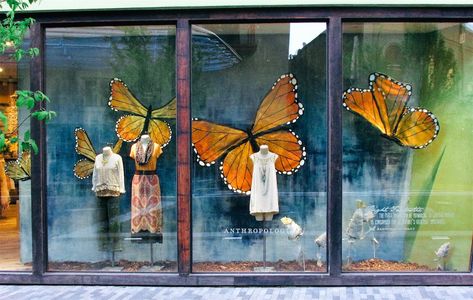 Anthropologie Spring Window Display, Butterfly Window Display, Anthropologie Fall Window Display, Anthropologie Window Display, Anthropologie Display, Window Display Ideas, Autumn Window Display, Spring Window Display, Store Front Windows