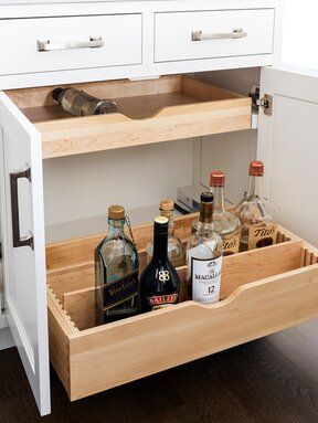 pantry-organization-bar-bin-0719 Sleek Kitchen Design, Pantry Renovation, Bar Sala, Sleek Kitchen, Home Bar Designs, Pantry Design, Pantry Storage, Wet Bar, Custom Cabinets