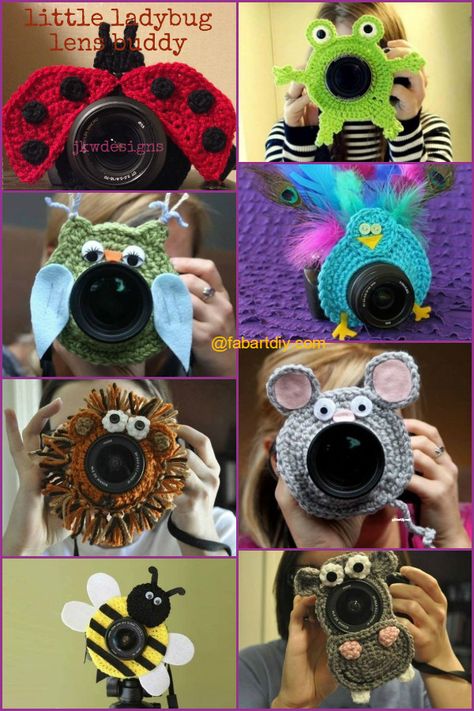 Camera Buddy Crochet Pattern, Crochet Camera Lens Buddies, Crochet Camera Lens Buddy Pattern Free, Crochet For Photographers, Camera Crochet, Coasters Free Pattern, Crochet Photography Props, Crochet Baby Photo Prop, Diy Photography Props