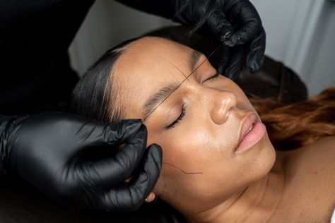 Girl laying down for brow mapping, brow mapping on client Brow Mapping Aesthetic, Microblading Aesthetic, Black Women Pictures, Brow Mapping, Shaped Eyebrows, Maps Aesthetic, Natural Brows, Brow Definer, Brow Shaping