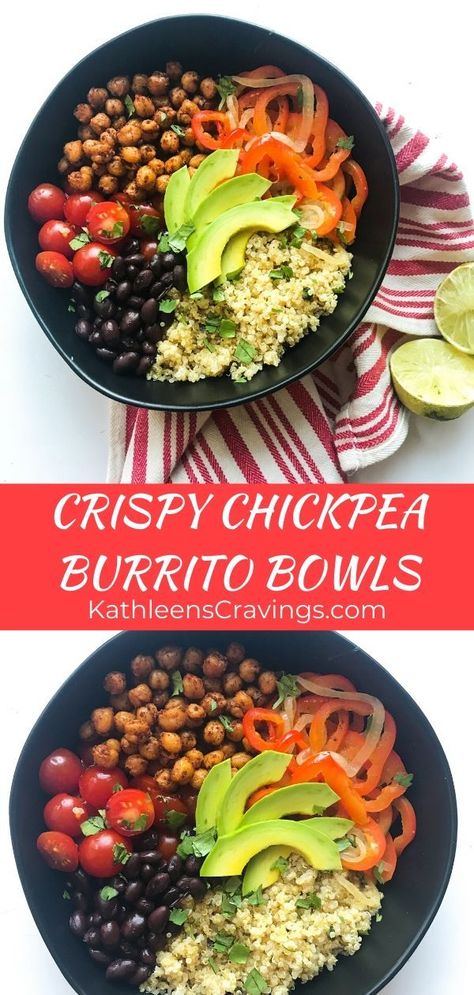 Crispy Chickpea Burrito Bowls are meal prep friendly and vegetarian (even vegan). Protein and fiber from the chickpeas, quinoa, AND black beans. These vegan burrito bowls are perfect for a weekday lunch or dinner. Recipe at Kathleenscravings.com #chickpeaburritobowls #chickpeaburritos #veganburritobowl #veganburritos #healthyburritobowls #veganmealprep #meatlessmealprep #healthymealprep Chickpea Burrito, Quinoa And Black Beans, Chickpeas Quinoa, Chickpea Recipes Easy, Crispy Chickpea, Vegan Burrito, Burrito Bowls, Crispy Chickpeas, Chickpea Recipes