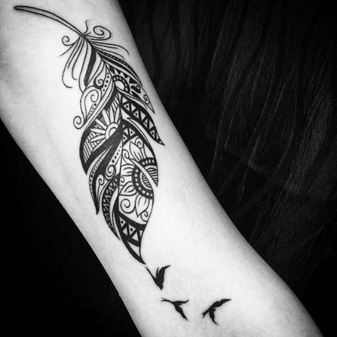 Feather and Birds Tribal Tattoos for Women                                                                                                                                                      More Tato Mandala, Mandala Feather, Mayan Tattoos, Cool Shoulder Tattoos, Armband Tattoo Design, Feather Tattoo Design, Bull Tattoos, Muster Tattoos, Geniale Tattoos