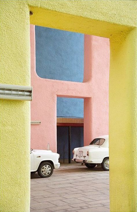 What a glorious colour palette in pastel pink yellow & blue! Le Corbusier Architecture, Yellow Aesthetic Pastel, Modernist Architects, Pastel Designs, Yellow Aesthetic, Color Inspo, Colour Board, Pastel Yellow, Mellow Yellow