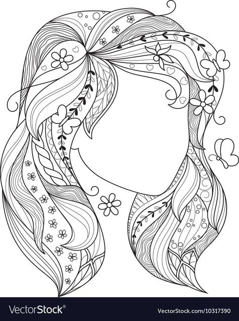 Zentangle Hair Patterns, Free Embroidery Patterns Pdf, Antistress Drawing, Zentangle Hair, Hair Coloring Pages, Art Coloring Pages, Girl Vector, Zentangle Artwork, Tangle Patterns