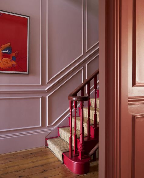 Home Entrance Aesthetic, 2 Tone Pink Walls, Red Hallway Aesthetic, Pink Hallway Panelling, Colourful Victorian House, Burgundy Staircase, Pink And Red Interiors, Colourful Panelling, English Stairs