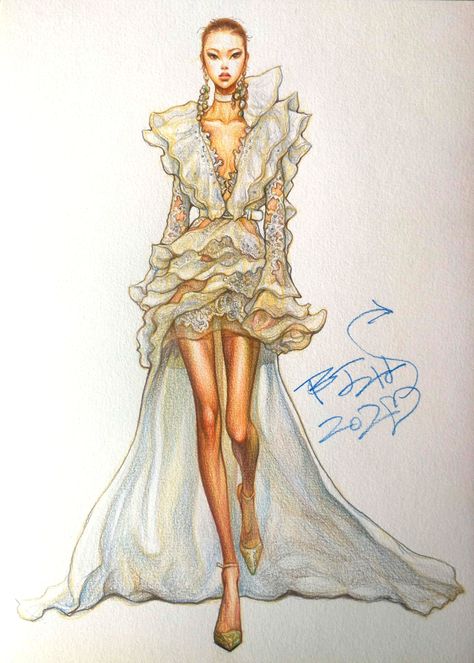 Haute Couture Design Sketch, Dress Pencil Sketches, Modern Fashion Sketches, Designer Sketches Fashion, Haute Couture Sketches, Fashion Design Sketches Aesthetic, Fashion Sketches Inspiration, Fashion Dresses Drawing, Haute Couture Fashion Illustration