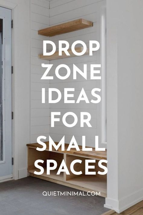 Drop Off Zone Entryway Small Spaces, Small Hall Storage, Small Laundry Room Drop Zone, Small Hallway Mudroom Ideas, Shallow Drop Zone, Small Space Drop Zone Ideas, Hall Organisation Ideas, Garage Entryway Ideas Hallways, Drop Zone In Closet