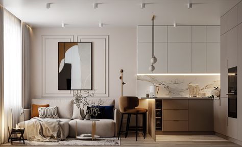 project of an apartment 34 sq. meters Studio Apartment Behance, Hallway Kitchen, Kitchen Furniture Design, Interior Deco, Kitchen Living, Living Room Kitchen, Kitchen Furniture, Living Room Bedroom, Furniture Design