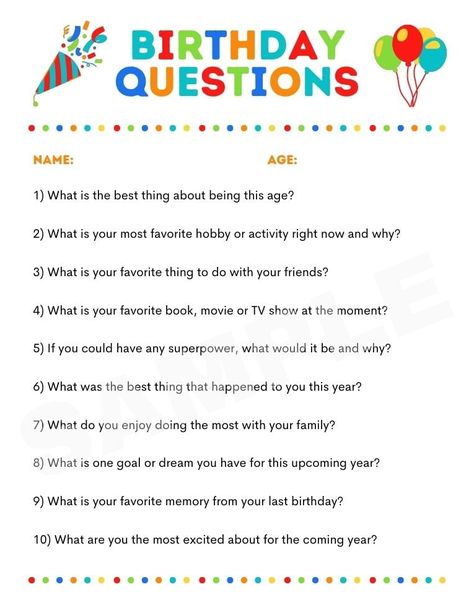 Birthday Interview Questions, Birthday Questions, Birthday Interview, Kids Party Games, Favorite Hobby, Interview Questions, Questions To Ask, 50th Birthday, Party Games