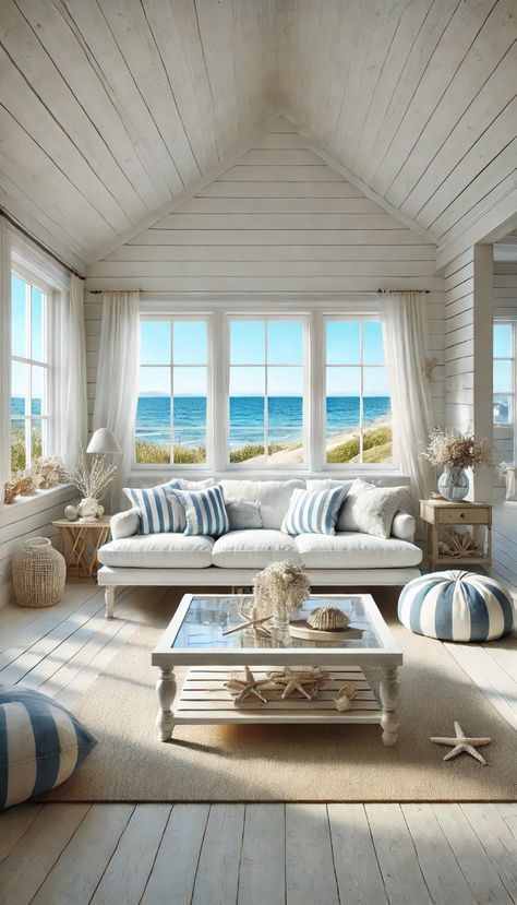 Coastal Modern Living Room, Scandinavian Flooring, Nautical Theme Room, Striped Pillows, Beach Home Interiors, Light Wooden Floor, Modern Living Room Design, Shiplap Walls, Beach House Living Room