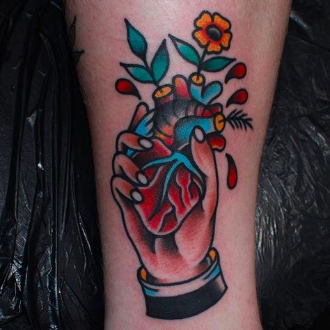 American Traditional Medical Tattoo, Hand Holding Heart Tattoo, Anatomical Heart Tattoo Traditional, Traditional Anatomical Heart Tattoo, American Traditional Heart Tattoo, American Traditional Anatomical Heart Tattoo, Burning Heart Tattoo Traditional, American Traditional Crying Heart, Anatomical Heart Tattoo Color