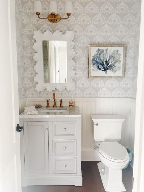 Grandmillenial Half Bath, French Country Coastal Bathroom, Coastal Modern Powder Room, Wallpaper Wainscoting Bathroom, Neutral Wallpaper Accent Wall Bedroom, Coastal Farmhouse Powder Room, Coastal Aesthetic Bathroom, Coastal Grandmother Aesthetic Bathroom, Ballard Designs Bathroom