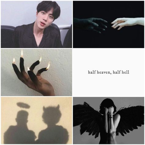 Demon/angel hybrid! Jin (made by me) Demon Angel Hybrid, Demon Angel, Supernatural Dr, Angel Demon, Wiccan Spell Book, Aesthetic Moodboard, Wiccan Spells, Angels And Demons, Spell Book