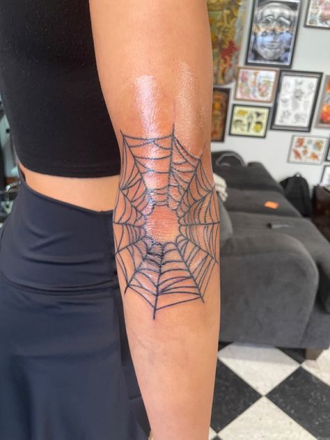 Spider Web Around Elbow Tattoo, Spider Web Tattoos On Elbow, On The Elbow Tattoo, Spider Web Tattoo Shaded, Knee Cap Spider Web Tattoo, Skeleton Elbow Tattoo, Spider Webb On Elbow Tattoo, Elbow Tattoo For Woman, Spider On Elbow Tattoo