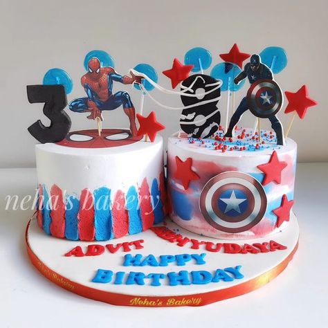 Birthday Cake Avengers, Whipped Cream Cake, Twin Birthday Cakes, Whipped Cream Cakes, Avengers Theme, Twins Cake, Simple Cake Designs, Simple Cake, Twin Birthday