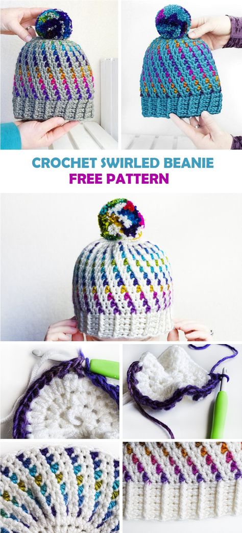 Learn how to crochet a beautiful swirled hat. Free crochet pattern. Mypicot Crochet, Beanie Free Crochet Pattern, Knitting Terms, Crocheting Projects, Bun Hat, Mode Crochet, Crochet Fun, Bonnet Crochet, Beanie Crochet