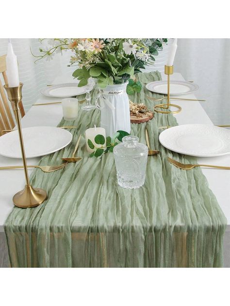 1pc Bohemian Style Bali Gauze Solid Color Table Runner/ Table Cloth, Suitable For Wedding, Bride, Birthday, Festival, Party Table Decoration Mint Green    Polyester     Home Decor, size features are:Bust: ,Length: ,Sleeve Length: Sage And Cream Party Decor, Sage Green Table Runner Round Table, Sage Birthday Party Ideas, Celadon Green Wedding, Sage Decorations, Boho Wedding Green, Green And Beige Party Decor, Green Color Party Ideas, Sage Green Baby Shower Table Decor