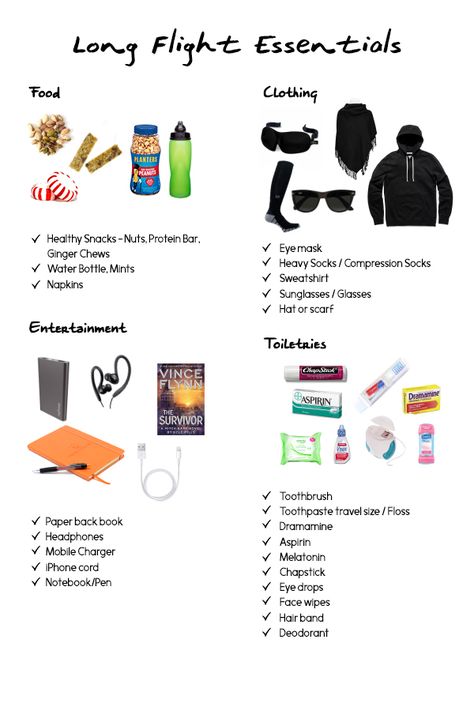 Long flight essentials - click for more trips on surviving long flights! Long Flight Essentials, Surviving Long Flights, Long Flight Tips, Travel Packing Checklist, Flight Essentials, Travel Bag Essentials, Beach Packing, Moving Packing, Long Flight