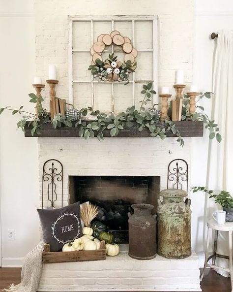 how to decorate your mantel for fall with DIY fall decorations Farmhouse Mantle, Farmhouse Mantel, Fall Fireplace, Rustic Farmhouse Living Room, Mantle Ideas, Fireplace Mantle Decor, Mantel Ideas, Fireplace Mantel Decor, Farmhouse Fireplace