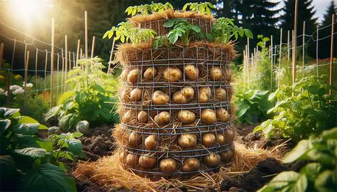 Growing potatoes in a limited space can be challenging, but with a potato tower, you can maximize your yield in a compact area. Potato towers, especially those using straw, are an excellent solution for urban gardeners or those with small gardens. Here's an in-depth guide on how to build one,… Efficient Gardening, Potato Towers, Snickerdoodle Recipes, Georgia Gardening, Potato Growing, Mary's Garden, Poly Tunnel, Harvesting Potatoes, Potato Tower