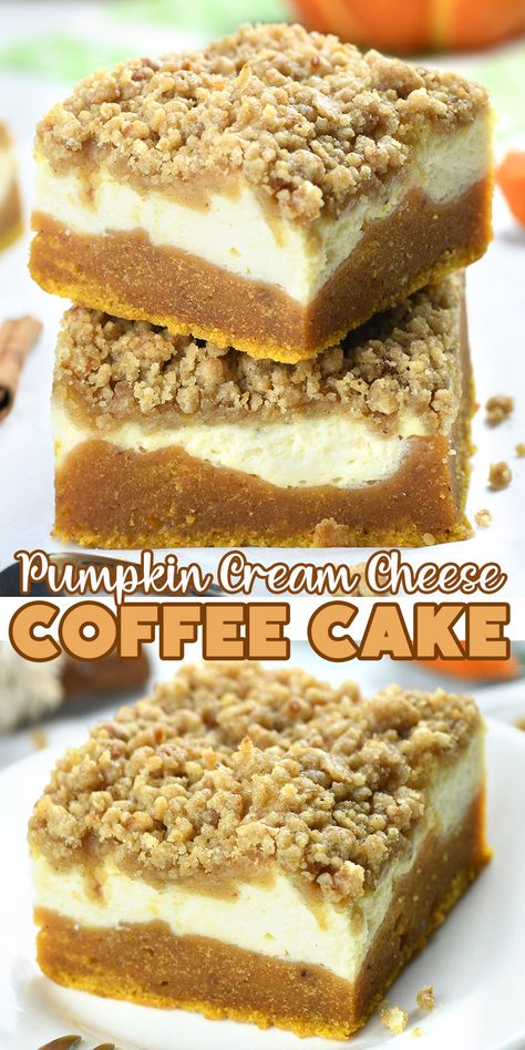 Pumpkin Cream Cheese Coffee Cake is quick and easy fall dessert recipe. It has three delicious layer: moist and flavorful pumpkin cake, creamy and smooth cheesecake layer and irresistible, crunchy, brown sugar cinnamon streusel topping finished with sweet, vanilla icing. via @https://www.pinterest.com/omgchocodessets/ Pumpkin Crumble Coffee Cake, Deserts With Cream Cheese Icing, Pumpkin Cream Cheese Coffee Cake Recipes, Pumpkin Cake With Cream Cheese Frosting, Pumpkin And Cream Cheese, Smooth Cheesecake, Cinnamon Streusel Topping, Cheese Coffee Cake, Fall Dessert Recipes Easy