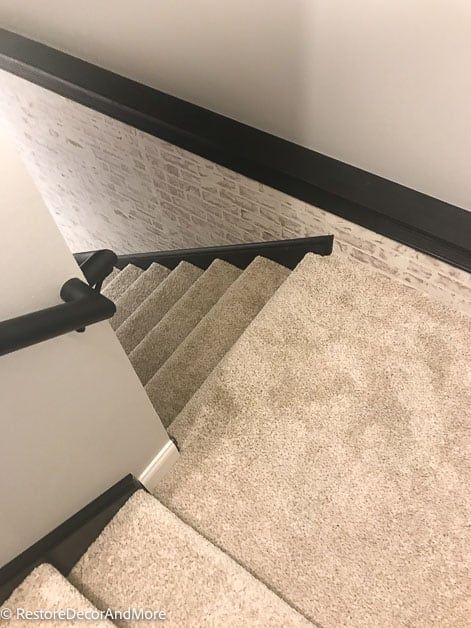 Going Down The Stairs, Basement Workout Room, Basement Stairway, Diy Faux Brick Wall, German Schmear, Faux Brick Wall Panels, Basement Steps, Fake Brick, Faux Brick Wall