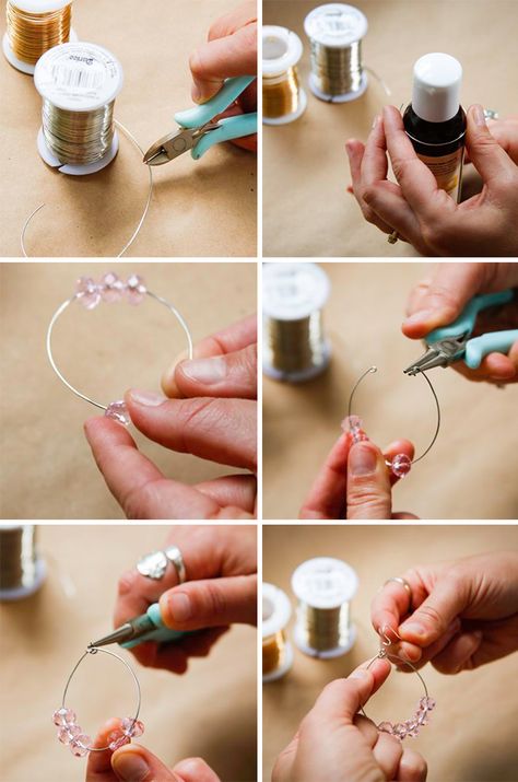 3 Ways to DIY Your Own Earrings (In 5 Minutes or Less) | http://helloglow.co/diy-earrings-3-ways/ Beading Bracelets, Anting Manik, Wire Hoop Earrings, Wire Jewelry Making, Earring Tutorial, Homemade Jewelry, Jewelry Making Tutorials, Diy Schmuck, Wire Earrings