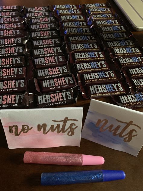 Nuts And No Nuts Gender Reveal, Hershey Gender Reveal Candy, Hersheys Gender Reveal, Nuts Or No Nuts Gender Reveal Ideas, Nuts No Nuts Gender Reveal, Candy Table Ideas Gender Reveal, Nuts Or No Nuts Gender Reveal, Snacks For Gender Reveal Party, Gender Reveal Snack Table