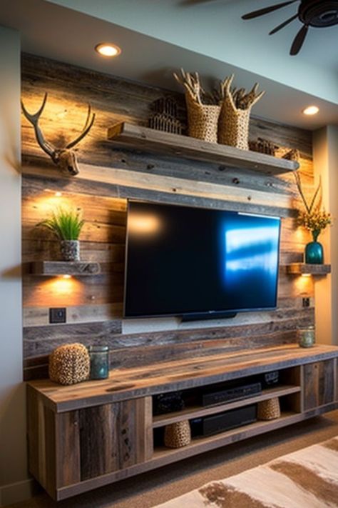 Shelving Around Wall Mounted Tv, Loft Tv Room Ideas, Rustic Tv Wall, Rustic Basement, Wooden Sofa Set Designs, Basement Inspiration, Living Room Decor Fireplace, Accent Walls In Living Room, Living Room Tv Wall