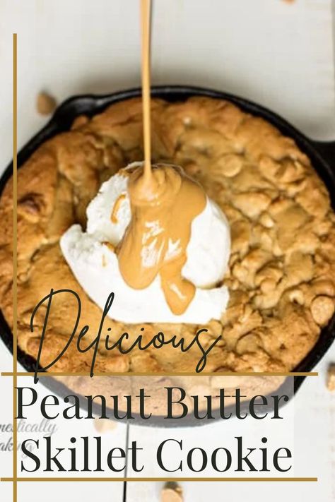 This skillet peanut butter cookie is out of this world. Baked up in a skillet & served warm with vanilla ice cream is delicious, like your favorite restaurant. Cast Iron Skillet Peanut Butter Cookie, Peanut Butter Pizookie Recipe, Peanut Butter Skillet Cookie, Peanut Butter Syrup, Brownies Bites, Skillet Dessert, Peanut Butter Brownie Bites, Pizookie Recipe, Brownies With Peanut Butter