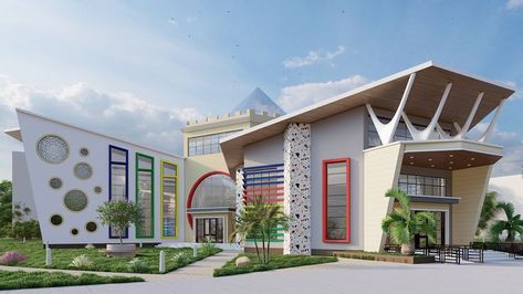 Kindergarten Elevation Design, Modern Kindergarten Architecture, Kindergarten Elevation Architecture, Modern School Building Design Exterior, Kindergarten Building Architecture, Kindergarten Concept Architecture, Kindergarten Facade Design, Boarding School Design, Kindergarten Elevation