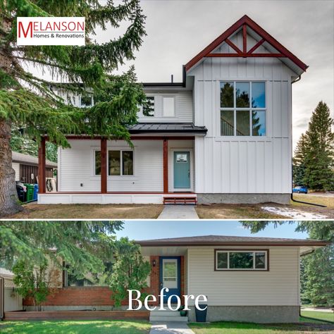 One Story To Two Story Before And After, Front Of House Room Addition, Rancher Additions Second Story, Before And After Second Story Addition, Bungalow With Addition, Ranch Home Extension Ideas, Small Second Story Addition, Ranch Second Story Addition Before After, Ranch Additions Before And After