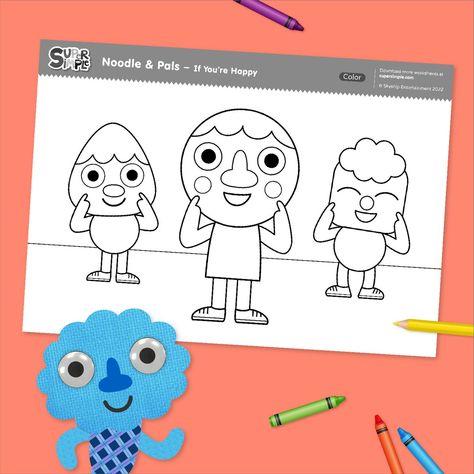 If you’re happy and you know it, color this coloring page inspired by our Noodle & Pal’s music video! Noodle And Pals, Preschool Music, Baby Life Hacks, Social Emotional Learning, Free Printable Coloring, You Know It, Baby Life, Free Printable Coloring Pages, Craft Activities For Kids