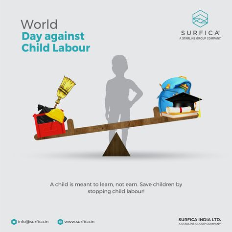 Cheap labour today, will lead to uneducated and inefficient workforce tomorrow. Surfica stands against child labour! World Day Against Child Labour..! #Surfica #Surficalam #Laminates #laminate #laminatescollection #LaminatesDesign #BestLaminates #LuxuryLaminates #LaminateCollection #LaminateSheet #worlddayagainstchildlabour #stopchildlabour #humanrights Labour Day Creative, World Day Against Child Labour, College Poster, Figure Sketches, International Days, Human Figure Sketches, Child Labour, World Days, Figure Sketching