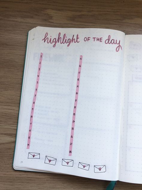 February Journal Spread, Bujo Highlight Of The Day, Bulett Journal Ideas February, Journal Highlight Of The Day, Highlight Of The Day Bullet Journal, Febuary Spreads Bullet Journal, Savings Bullet Journal, Pastel Journaling, February Journal Ideas