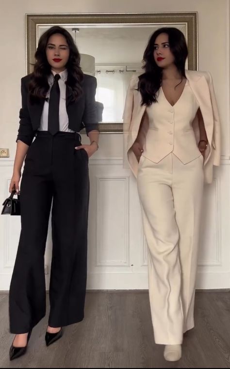 Cream Women Suits, Profession Outfits For Women, Zara Women Suit, Tie Blazer Outfit, Blazer Suit Women Classy, Black Pant White Shirt Women, Cropped Suit Jacket Women, White Shirt Black Tie Women, Cream Blazer Outfits For Women Classy