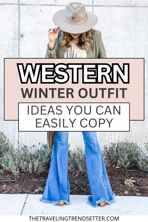 Looking to add some Western Style flair to your wardrobe this season? Check out these Women's Winter Outfit ideas that blend classic western elements with modern Women's Fashion. From cozy layers to stylish accessories, discover how to create a winter look that's both trendy and timeless. Fleet Week Outfit, Flare Jeans Outfit Western Winter, Tassel Shirt Outfits, Country Themed Outfits Women, Cowboy Hat Outfit Fall, North Dakota Outfits, Cowgirl Cold Weather Outfits, Cute Outfits For Rodeo, 2024 Rodeo Outfits