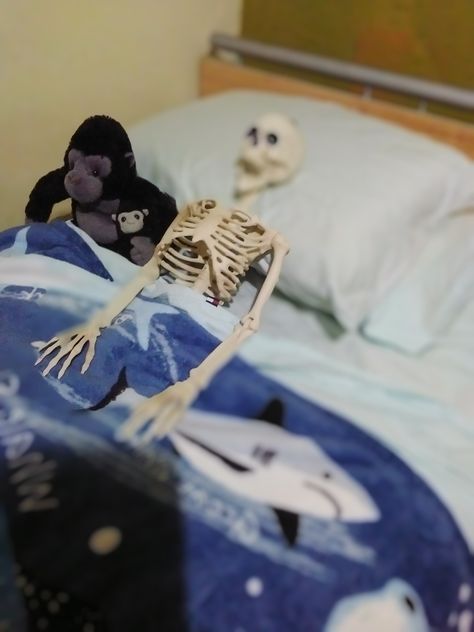 It's a skeleton sleeping with a gorilla. A Skeleton, Skeleton, Sleep, Bed