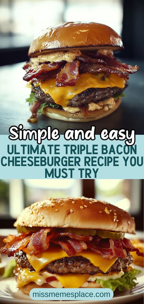 Dive into the world of indulgence with this Ultimate Triple Bacon Cheeseburger recipe that redefines comfort food. Layered with three juicy beef patties, crispy bacon, and your choice of melty cheese, this burger is a flavor explosion. Perfect for barbecues or casual dinners, this recipe takes you step by step to create a towering masterpiece. Don’t forget to customize your toppings and serve it alongside crispy fries to elevate your dining experience to gourmet status. Bacon Burger Recipes, Bacon Grill, Unique Sauces, Crispy Fries, Cheeseburger Recipe, Beef Patties, How To Cook Burgers, Bacon Burger, Crispy Fry