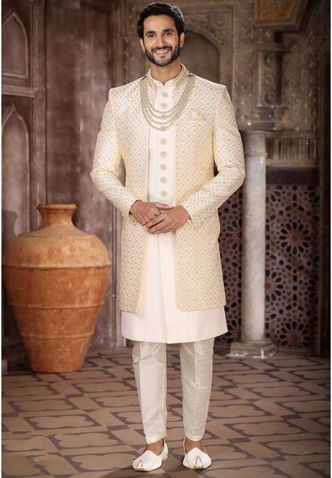 Indo Western Dress For Men, Indo Western For Men, Indo Western Sherwani, Sangeet Outfit, Mens Sherwani, Sherwani For Men, Ethnic Wedding, Cream Art, Wedding Sherwani