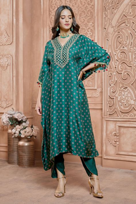 Shop for Ariyana Couture Green Tussar Georgette Printed Kurta And Tulip Pant Set for Women Online at Aza Fashions Green Kaftan, Indo Western Dresses For Women, Tulip Pants, Western Dresses For Women, Printed Long Skirt, Draped Sleeves, Hooded Tunic, Kaftan Style, Geometric Prints