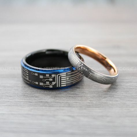 Circuit Board Ring, Circuit Ring, Geek Rings, Geek Jewelry, Black Tungsten Wedding Rings, Gunmetal Wedding Band, Geek Couple Ring Set Gunmetal Wedding Band, Nerdy Wedding Rings, Geek Couple, Bishop Ring, Nerd Wedding, Geeky Wedding, Nerdy Wedding, Band Geek, Couple Set