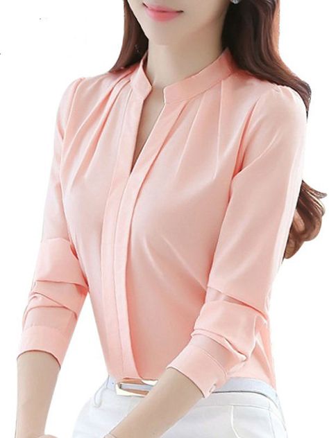 Solid Color Long Sleeve Notched Collar Shirts Notch Collar Shirt, Casual Chiffon Blouse, Long Sleeve Chiffon Shirt, Chiffon Long Sleeve, Chiffon Shirt, Chiffon Blouse, Work Blouse, Long Sleeve Casual, Long Tops