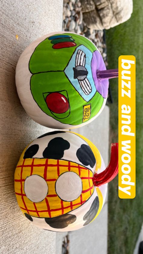 Buzz light year and woody from Toy Story onto cute pumpkins for Halloween! Luigi Pumpkin Painting, Woody Pumpkin Painting, Boo Monsters Inc Pumpkins Painted, Buzz Light Year Pumpkin, Toy Story Pumpkin Painting, Toy Story Pumpkin Ideas, Buzz Lightyear Pumpkin, Toy Story Pumpkin, Woody From Toy Story