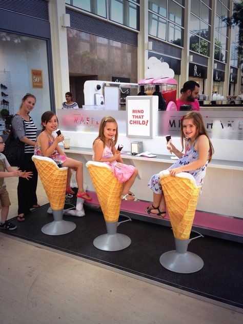 Enjoy there Gelato on our ice cream cone seats at the centre:mk kiosk Patisserie Fine, Ice Cream Business, Bakery Design Interior, Gelato Shop, Cafe Seating, Bakery Decor, Ice Cream Design, Cafe Shop Design, Kiosk Design